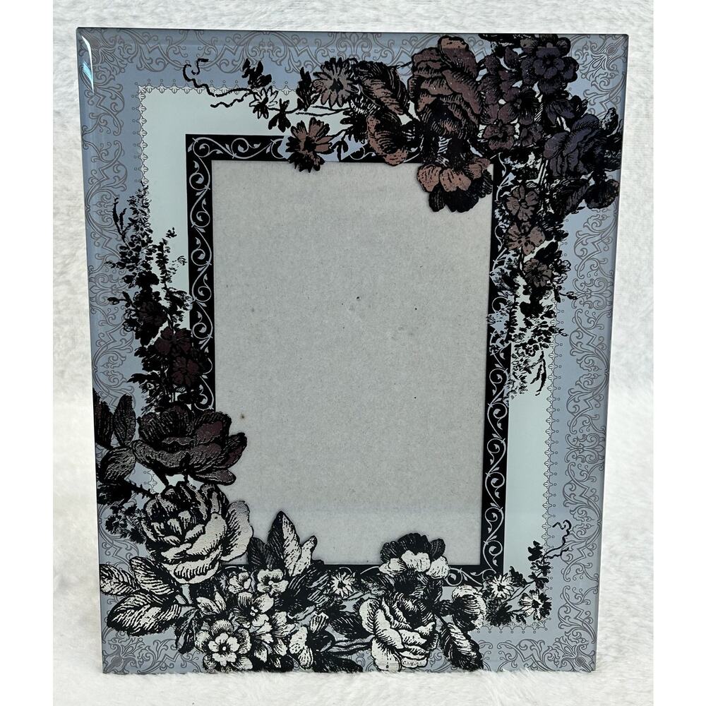 Elegant Black Silver Floral Glass Picture Frame 4x6 Photo Freestanding Decor